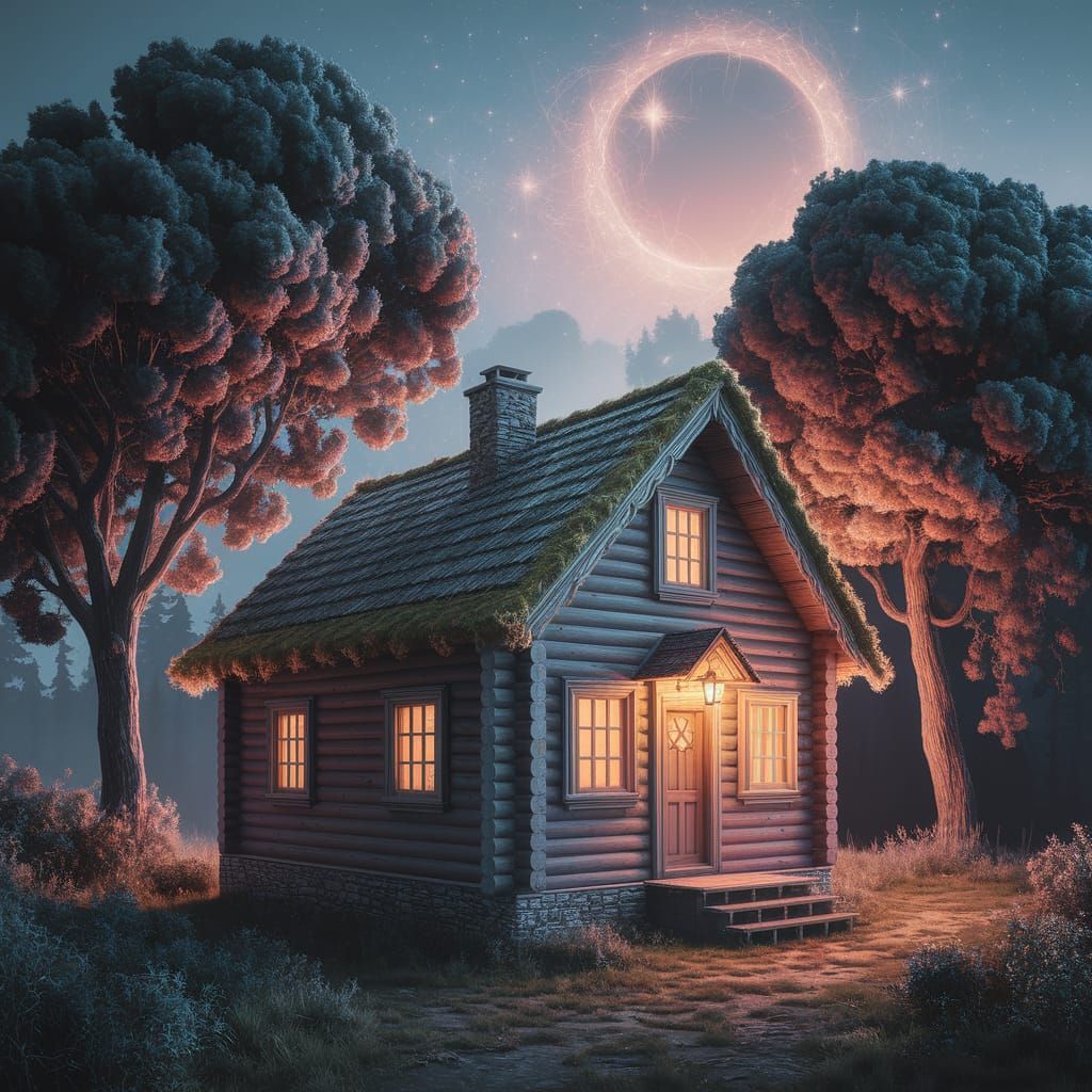 Cozy Log Cabin in Forest at Twilight: Matte Painting