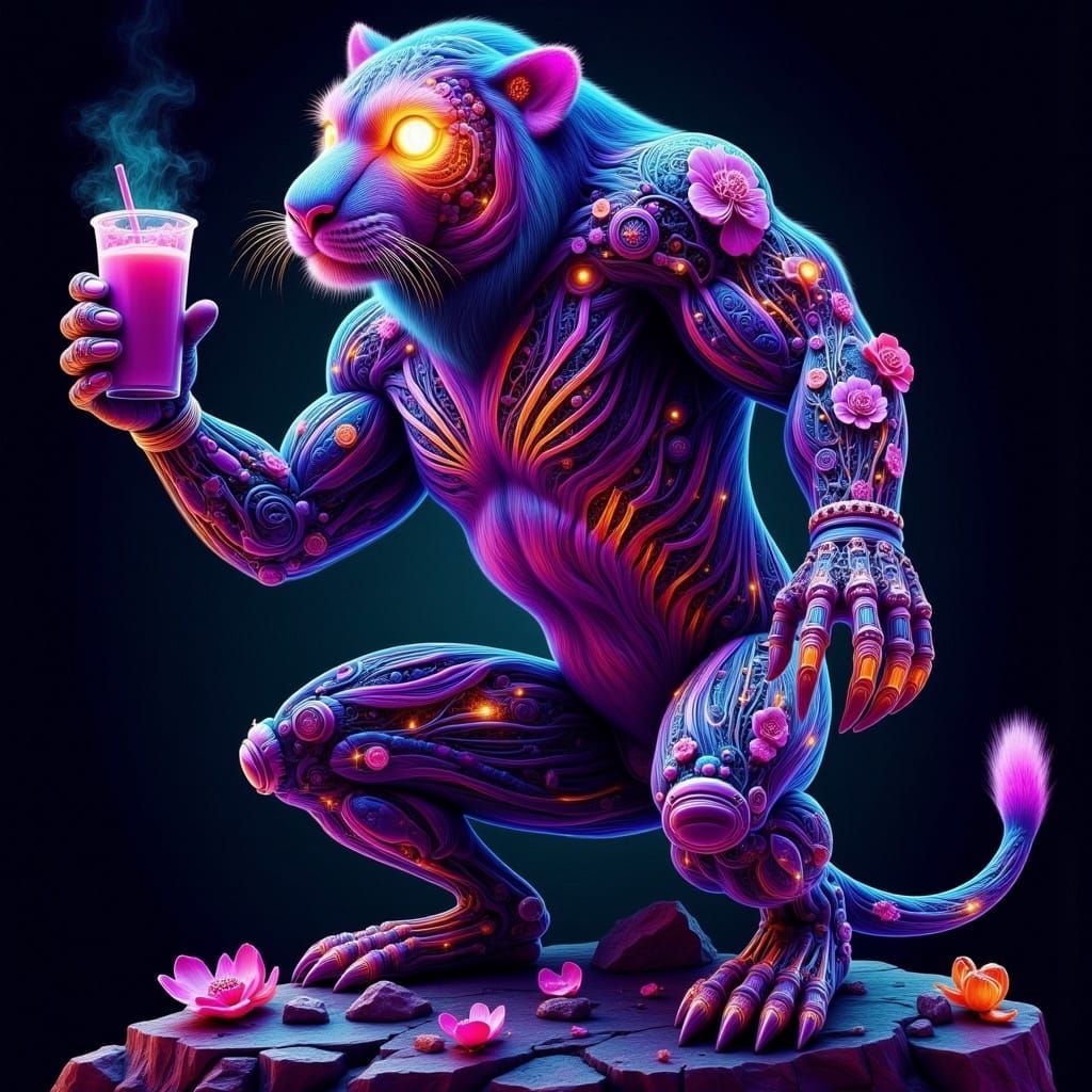 Biomechanical Tiger with Latte in Cosmic Style