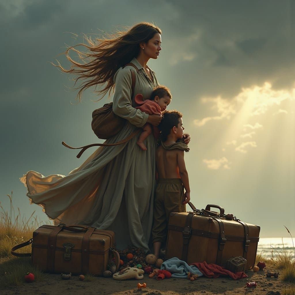 Defiant Mother and Children in Matte Painting