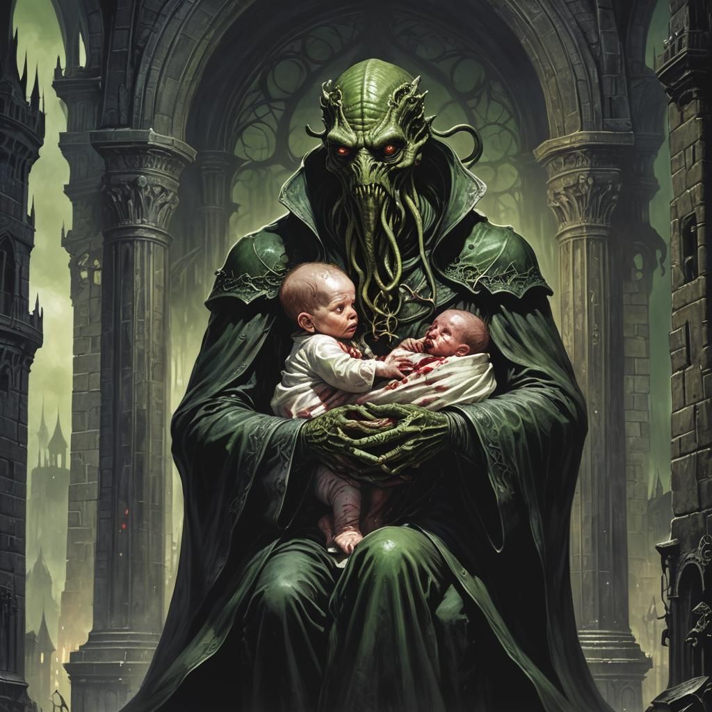 Cthulhu Cradles Newborn Child in Gothic Tower