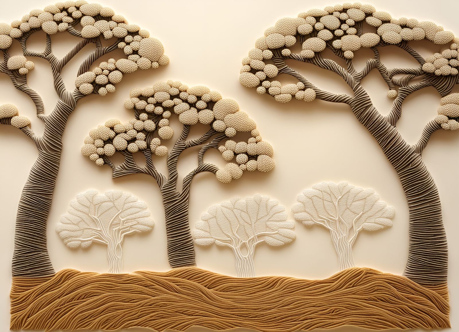 Savanna Dusk: Needlework Embroidery of Acacia Trees