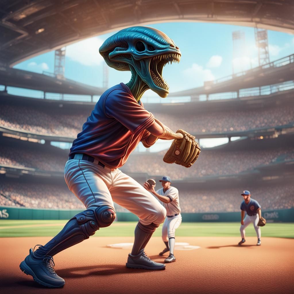 Alien Pitches Baseball in Hyperrealistic Splash Art