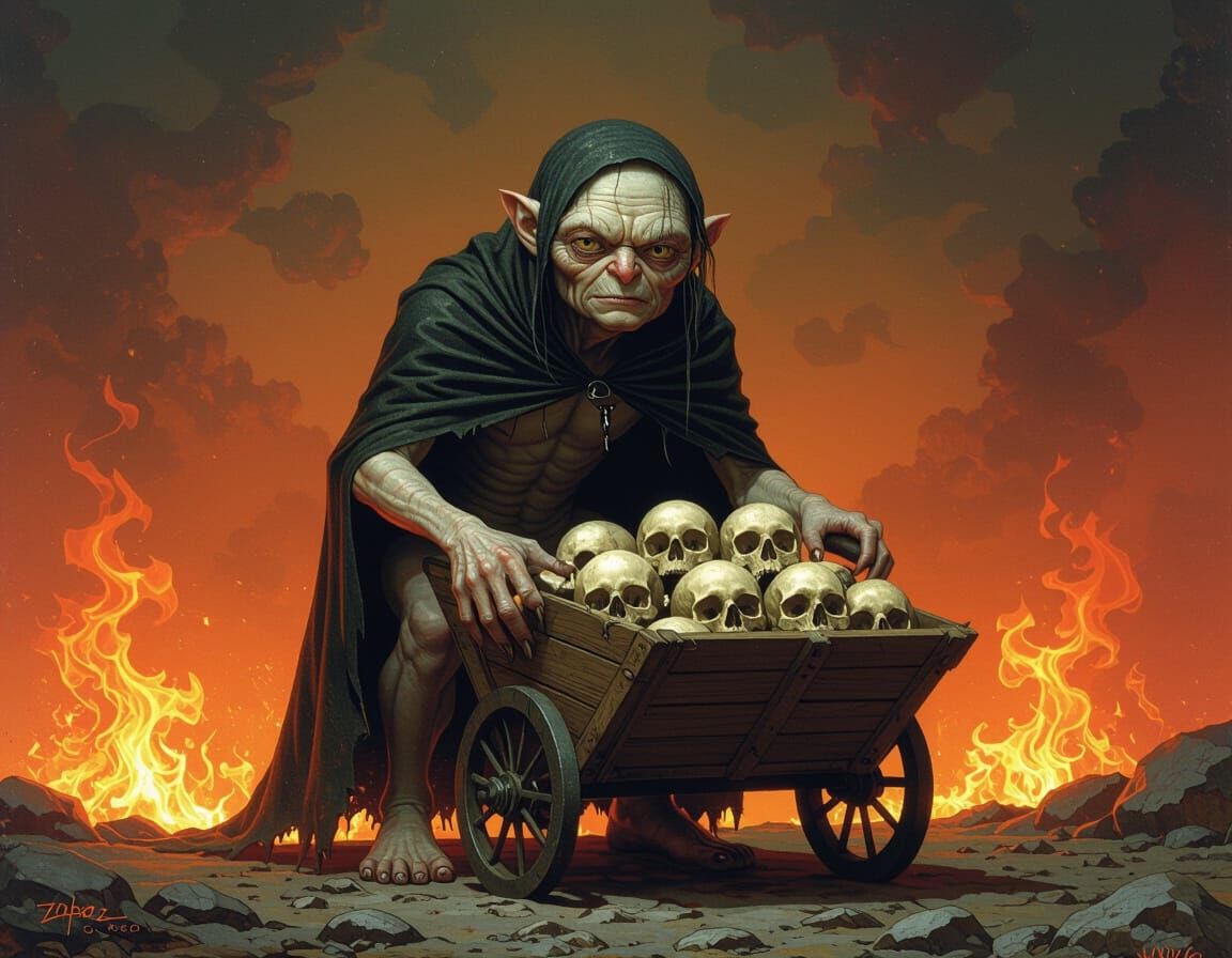 Gollum Pushing Skulls in Fiery Landscape