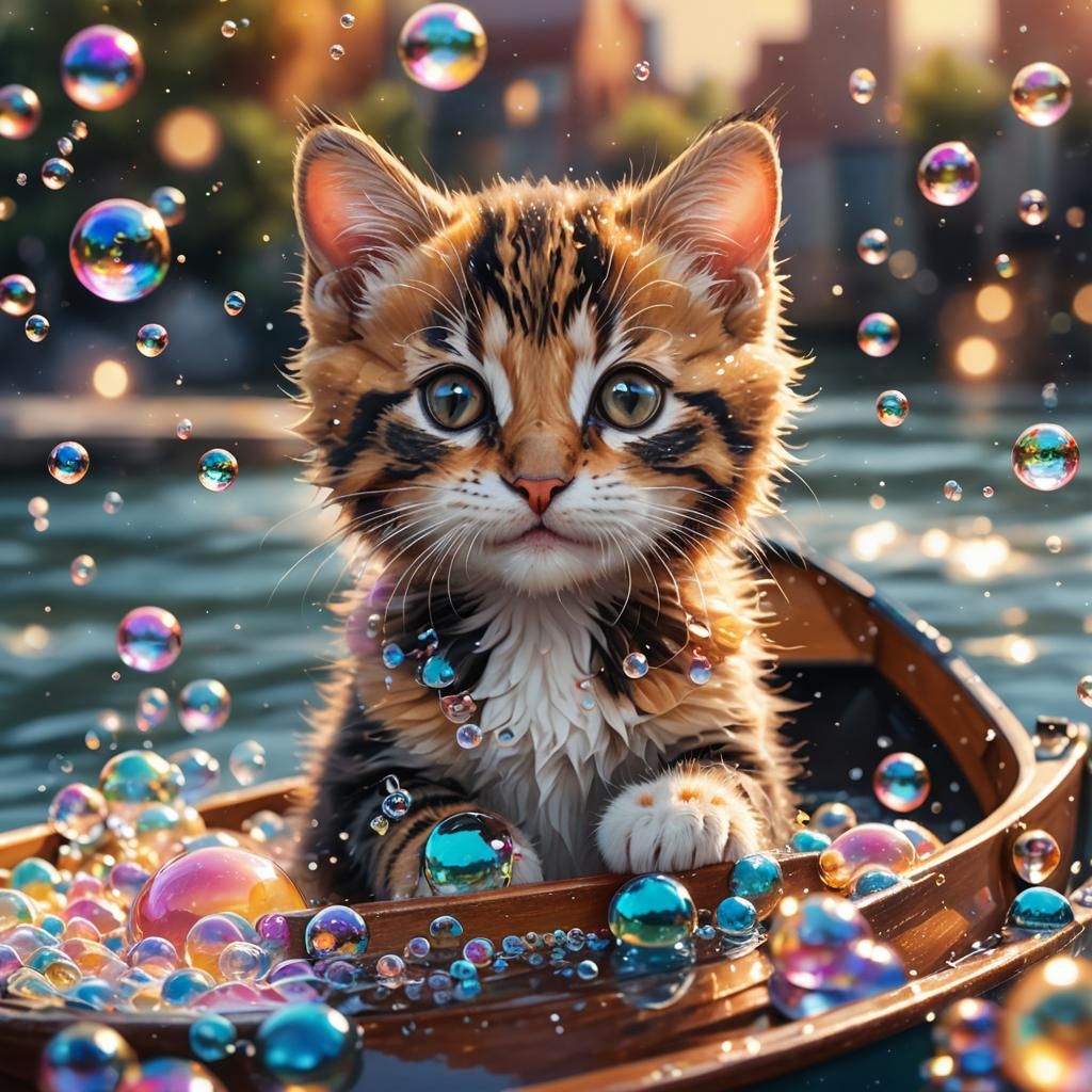 Calico Kitten's Bubble Adventure: Hyperrealistic Concept Art