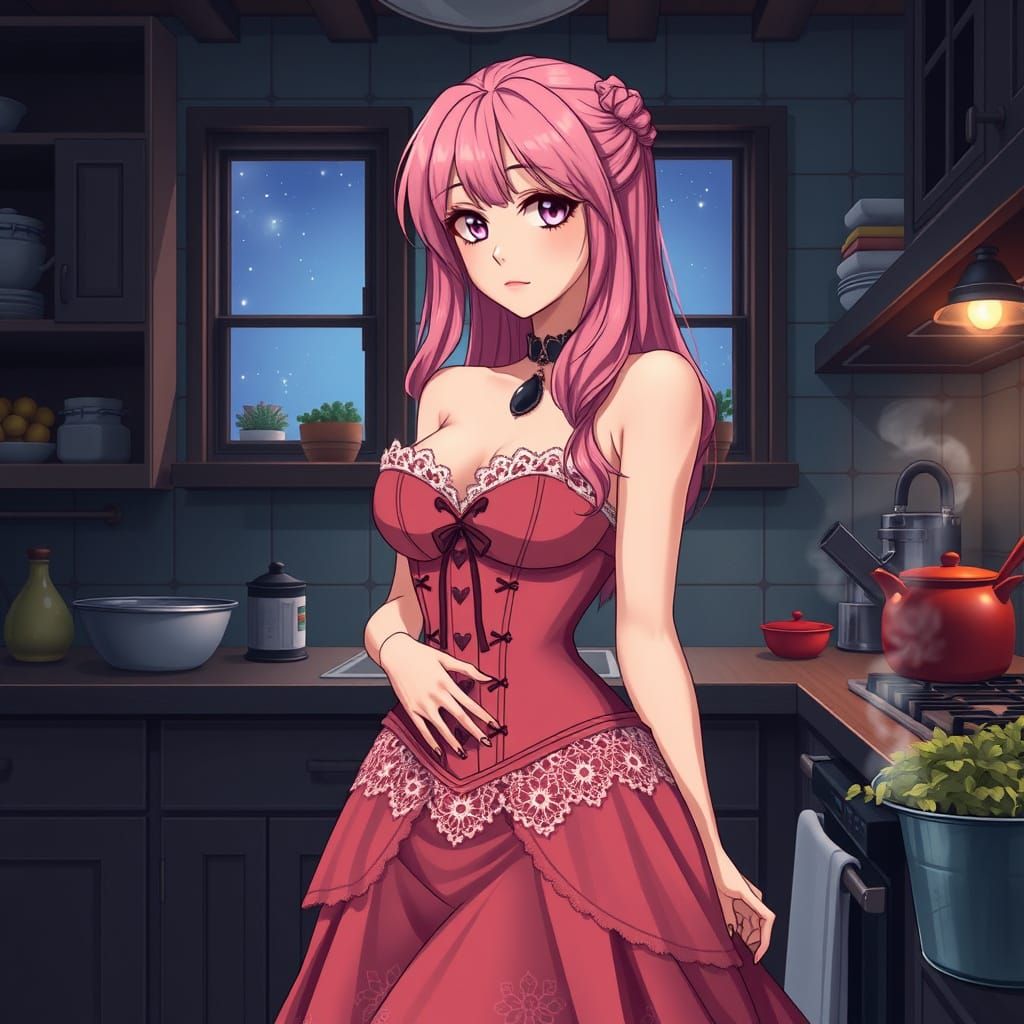 Gothic Anime Woman Cooking in Starry Kitchen