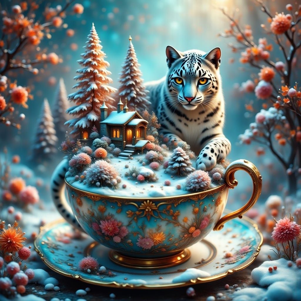 Matte Painting of Teacup with Snowy Landscape and Snow Leopa...