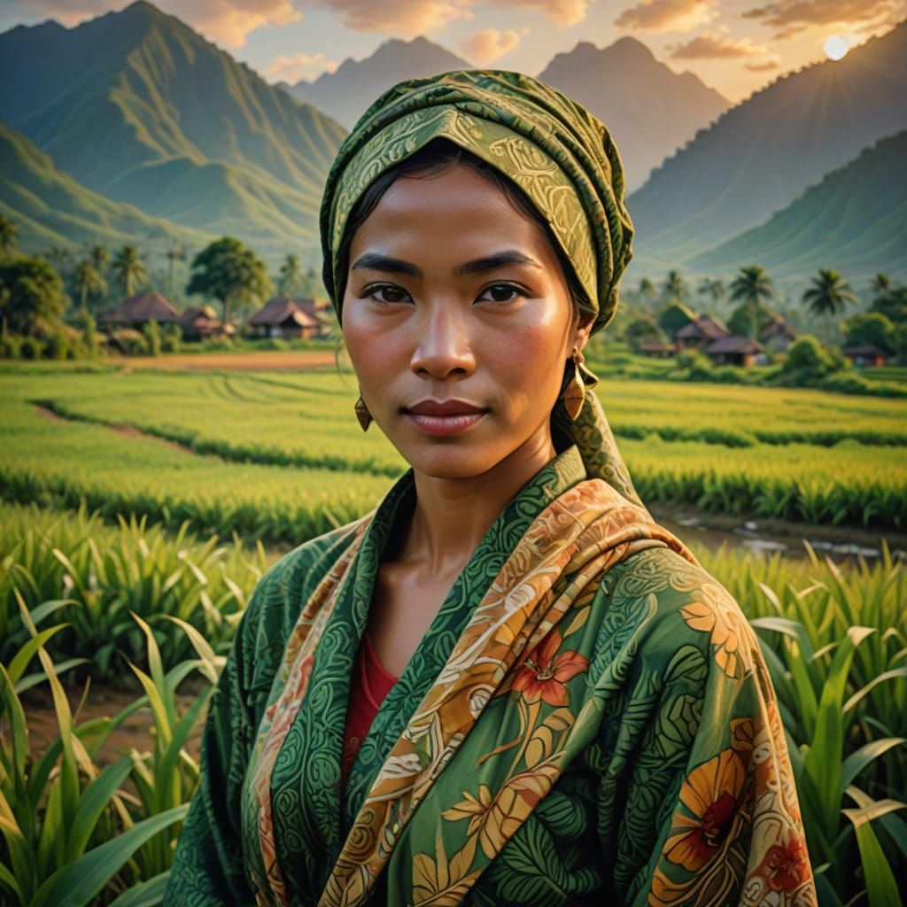 Impressionist Portrait of Indonesian Woman in Batik Headscar...