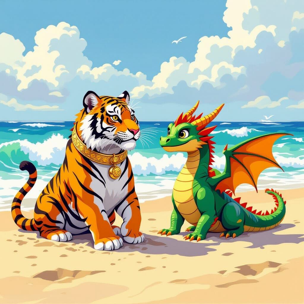 Tiger and Dragon Frolic on the Beach
