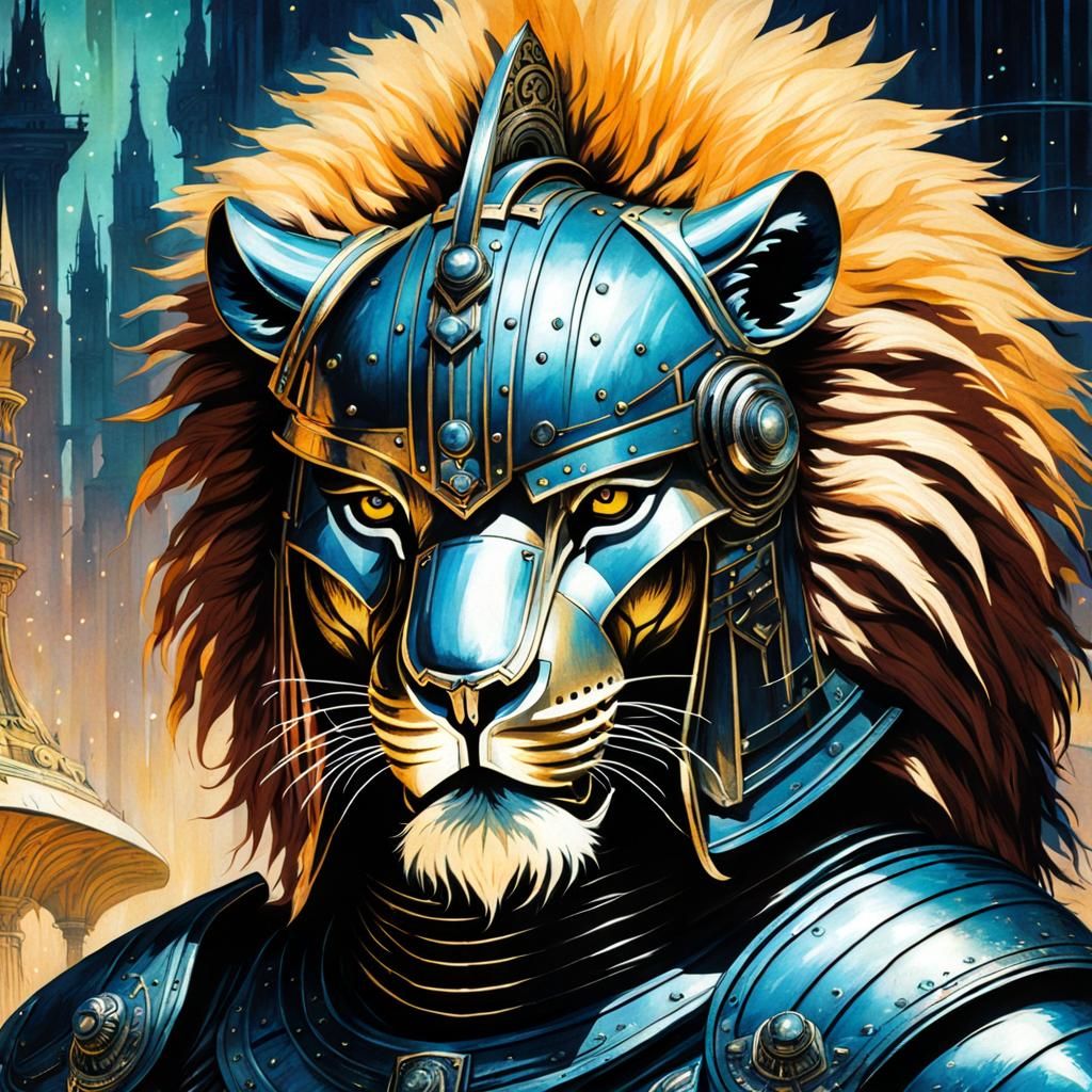 Cyberpunk Gladiator Lion Helmet in Fairy Tale Style