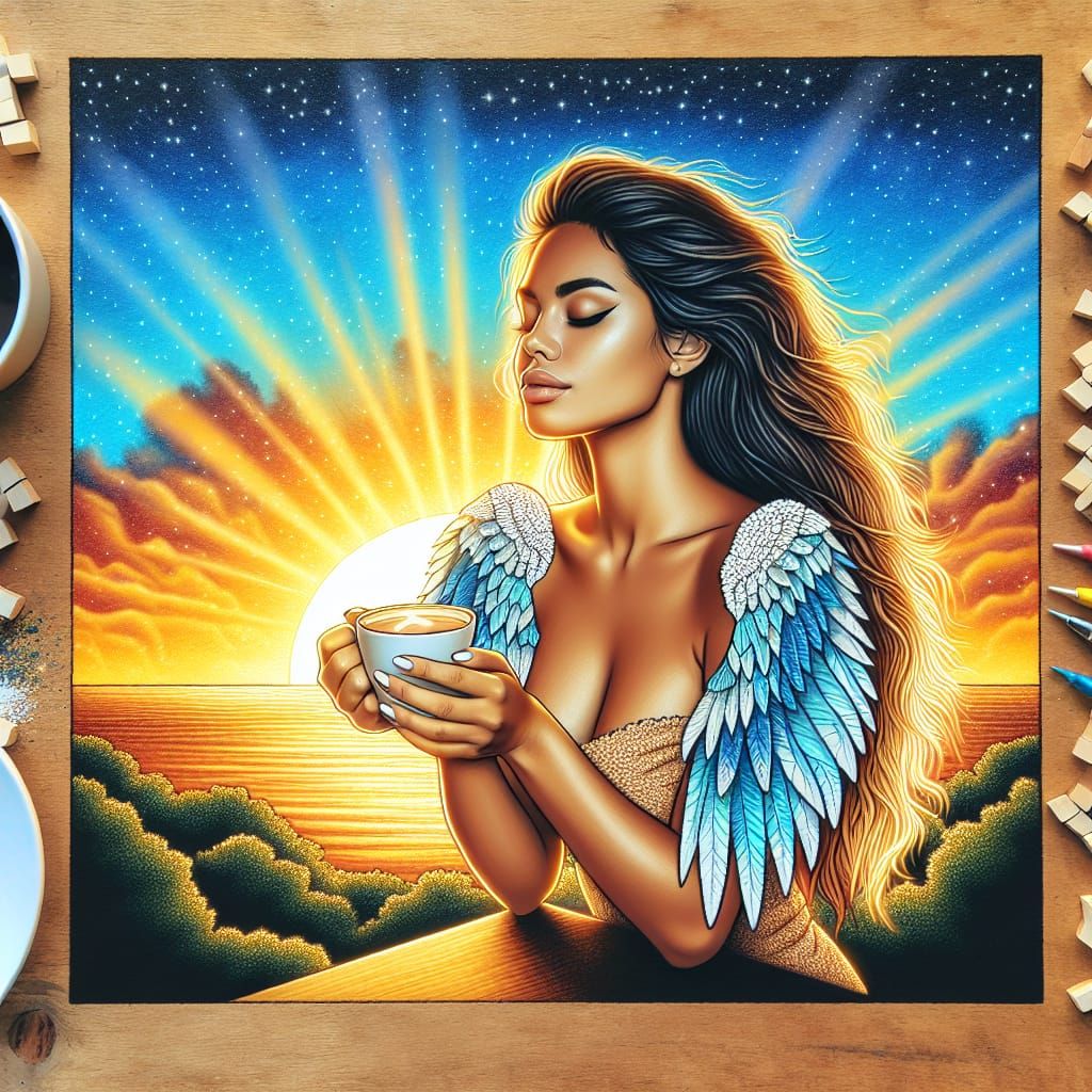 Polynesian Angel Sips Coffee as Sunrise Unfolds