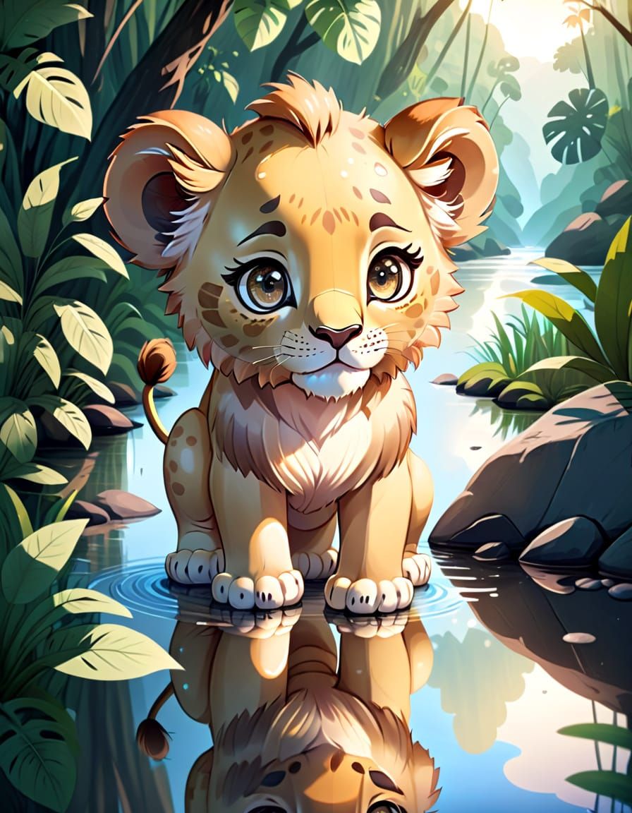 Cute Lion Cub Reflection in Kawaii Style