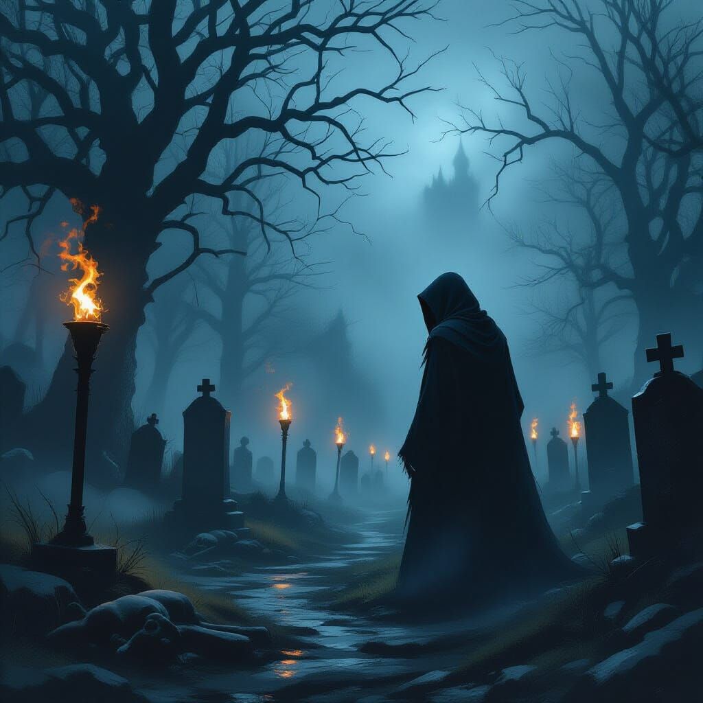 Hooded Figure in Misty Graveyard with Torches