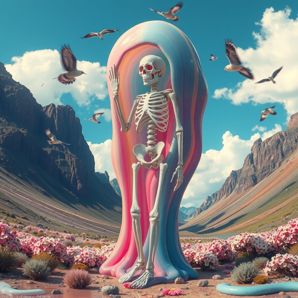 Giant Multicolored Slime with Skeleton Inside