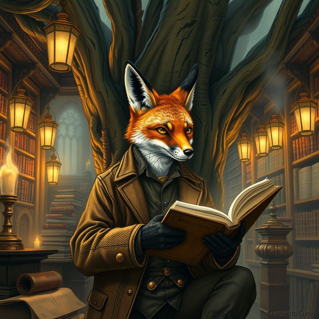 Anthropomorphic Fox in Oak Tree Library, Rackham Style
