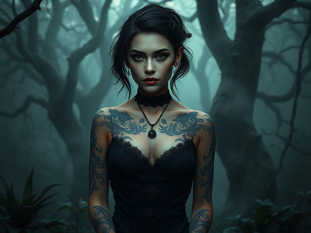 Mysterious Tattooed Woman in Ethereal Forest Portrait