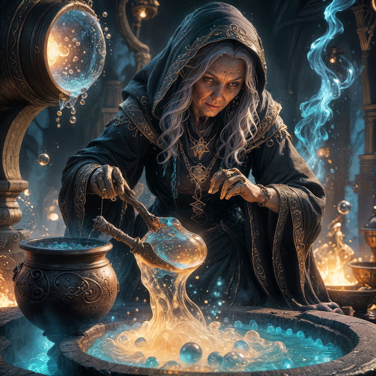 Witch Over Bubbling Cauldron in Detailed Fantasy Art