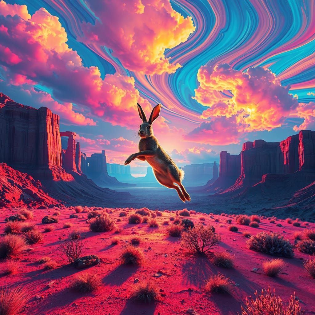Psychedelic Jackrabbit Leaps Across Multicolored Desert