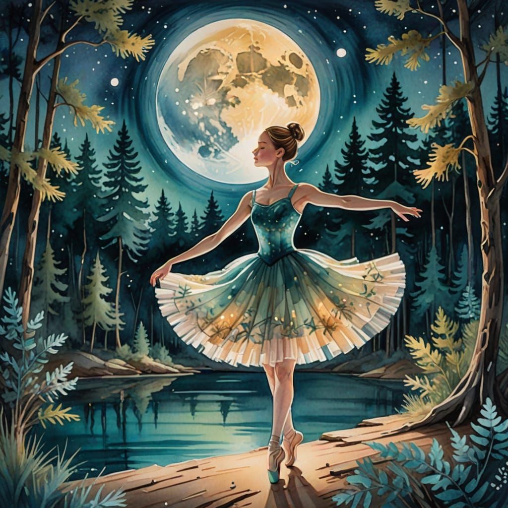 Ballerina Dances Under Moonlight: Watercolor Impression