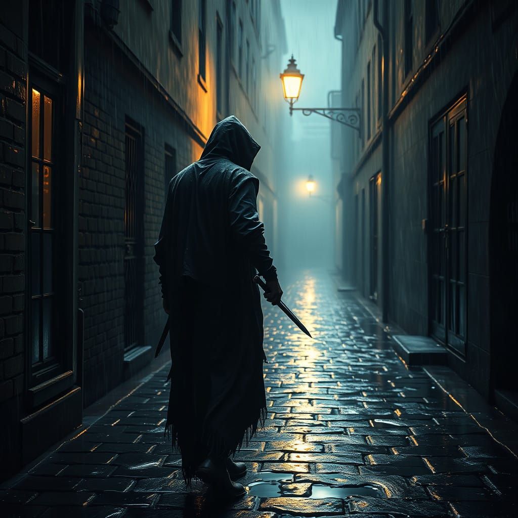 Hooded Figure Disappears into Rainy Alleyway at Dusk