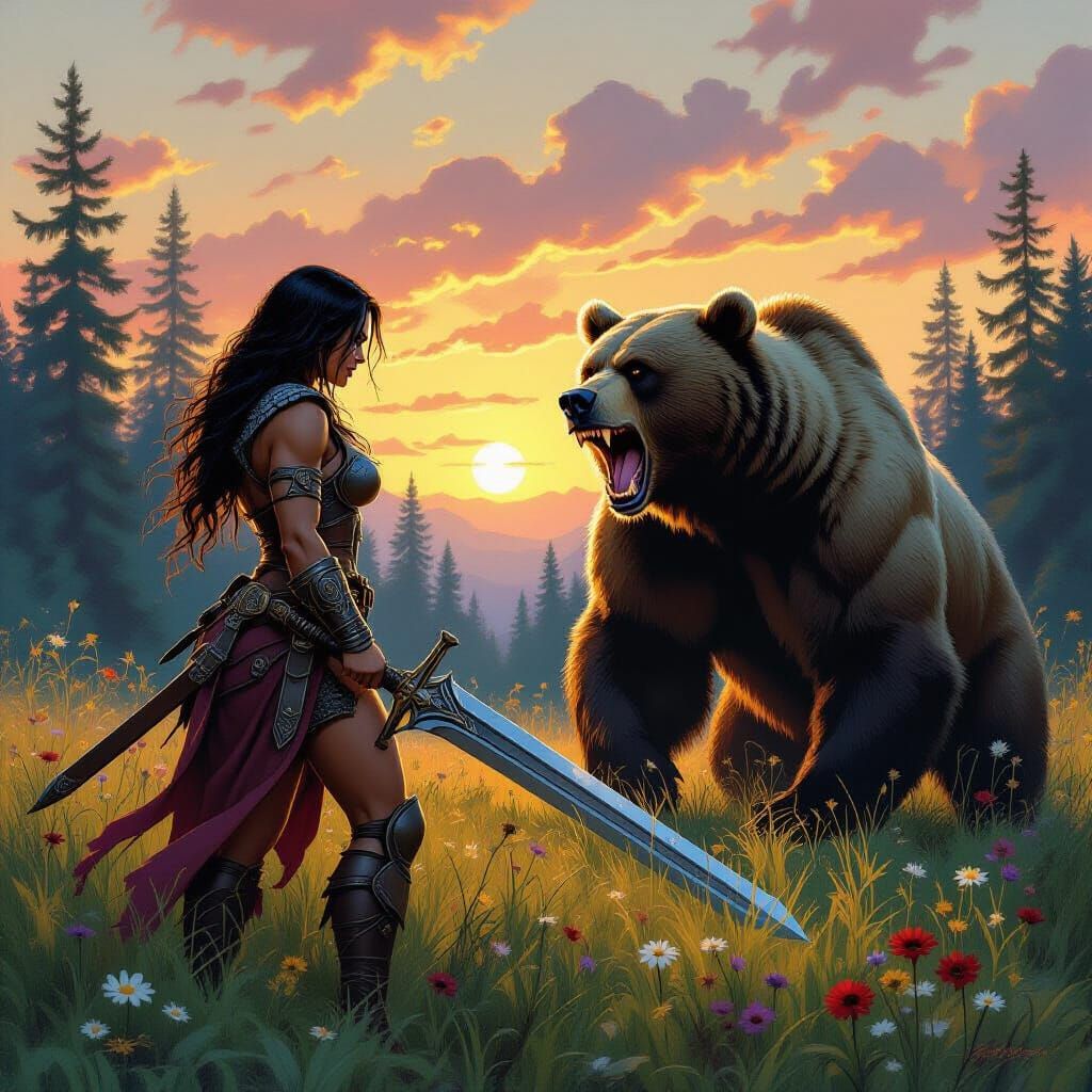 Barbarian Woman's Stand-off with Bear in Wildflower Meadow