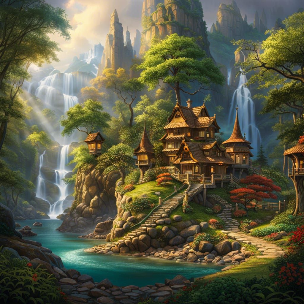 Enchanted Elven Kingdom with Waterfalls, Digital Painting