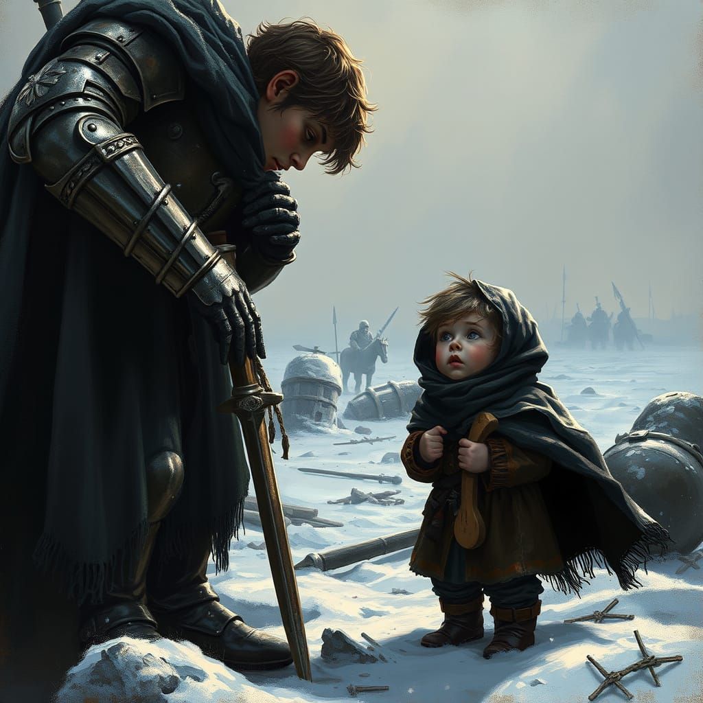 Knight's Kindness: Offering Cloak to Lost Child on Battlefie...
