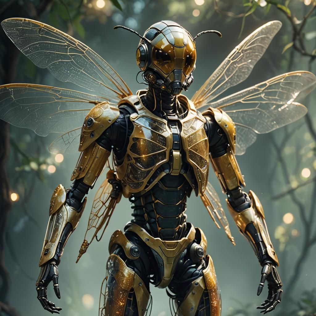 Humanoid Wasp Exoskeleton in Golden Cinematic Style