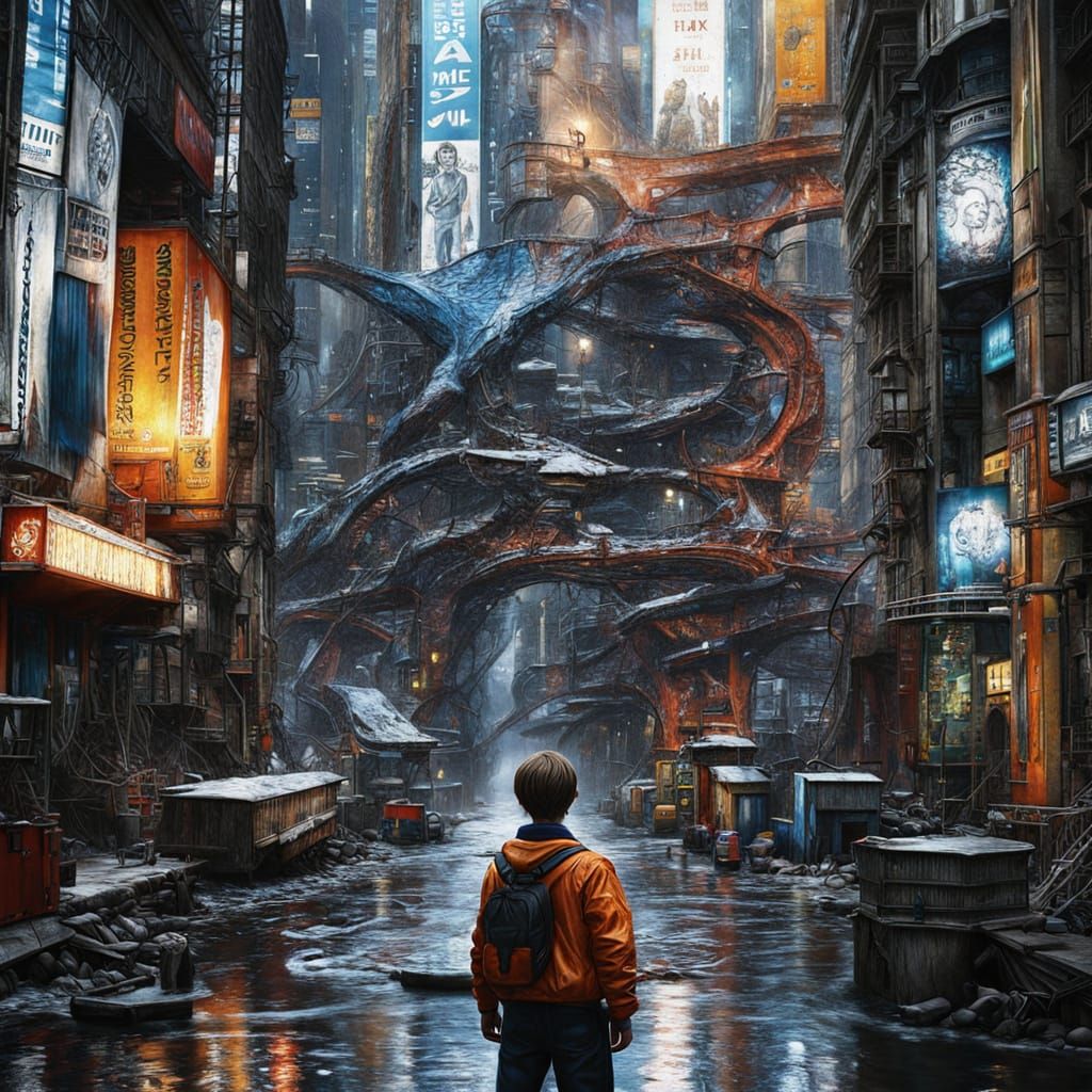 Futuristic Cityscape with Confident Teen Hero in Cyberpunk S...