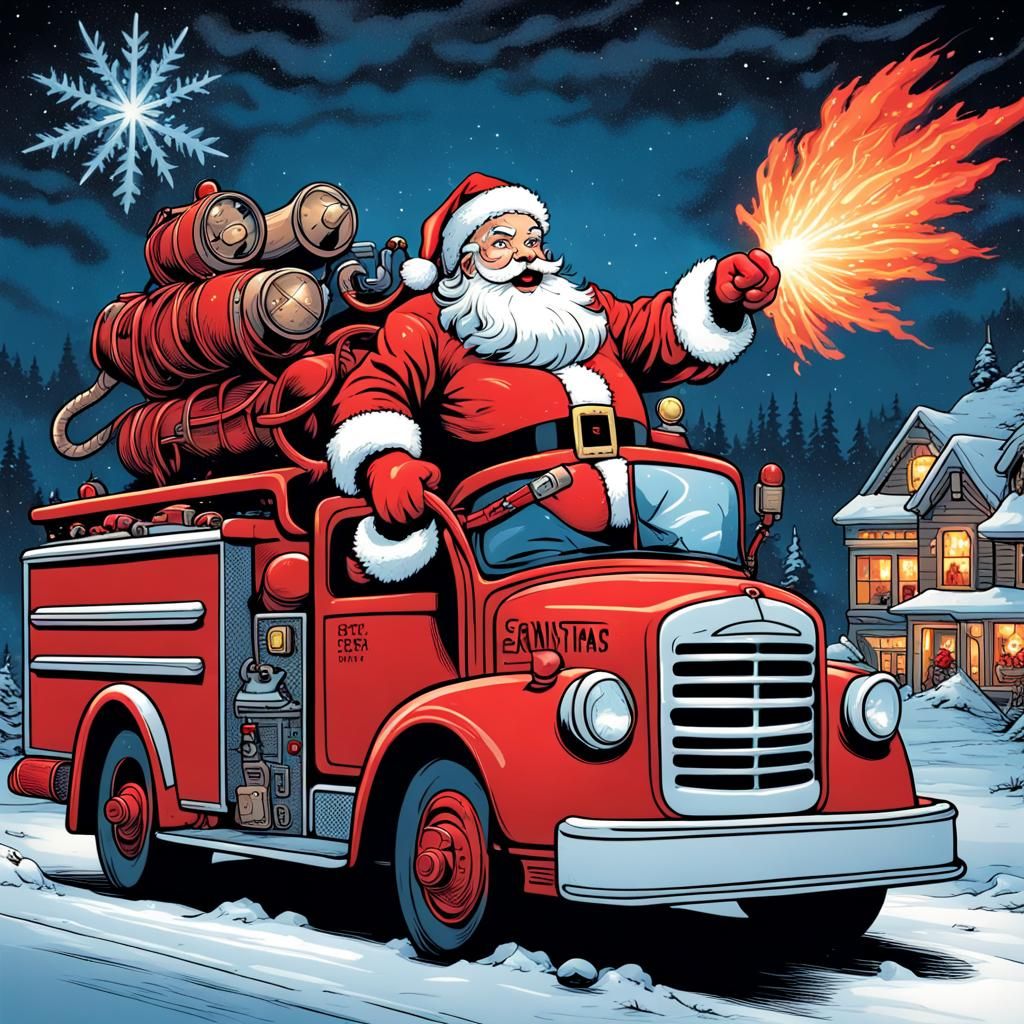 Santa Claus Rides Firetruck in Comic Book Art Style