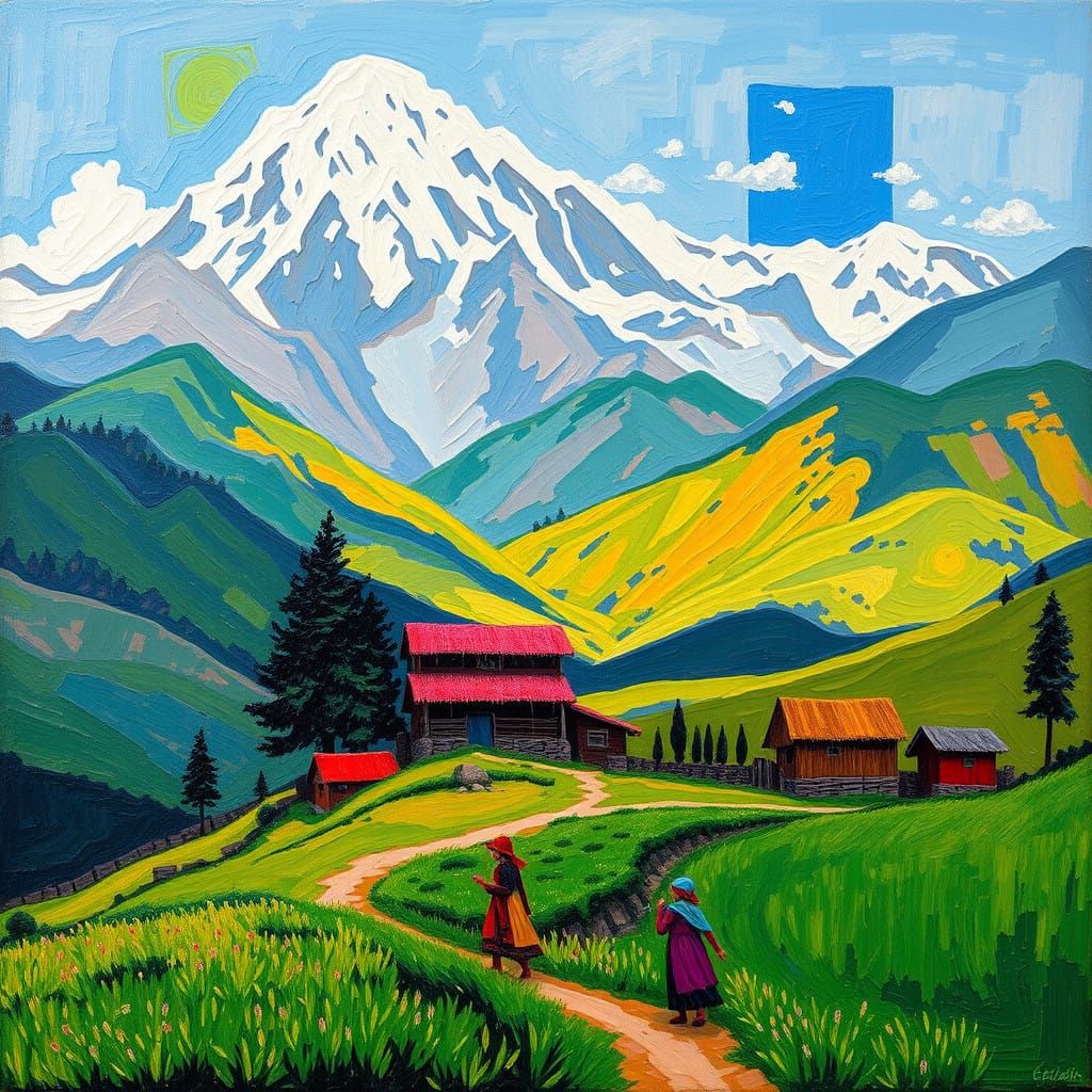 Vibrant Himalayan Village in Dynamic Neo-Impressionist Style