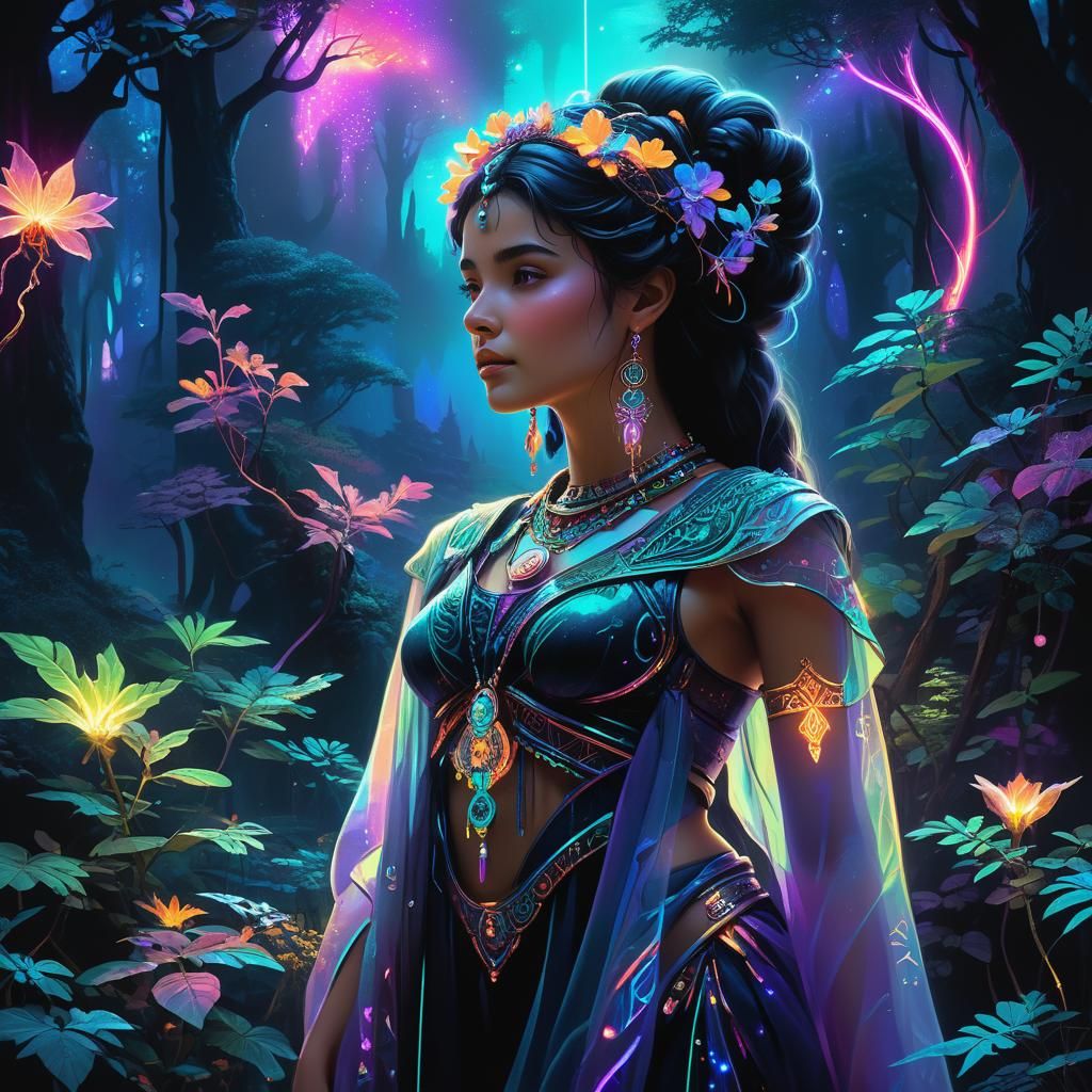 Neon Genie in a Mystical Forest, Synthwave Style