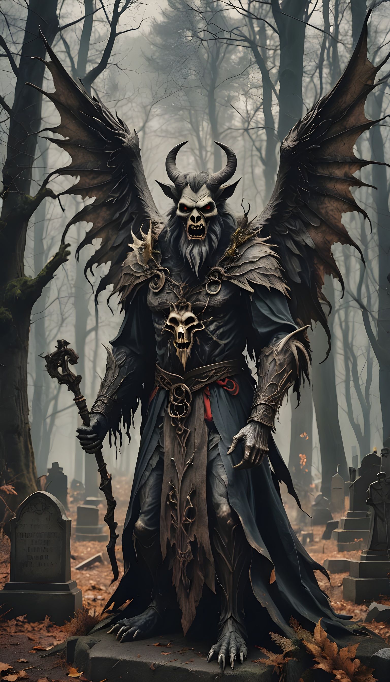 A scary Krampus with big Angel wings on a graveyard in a cre...