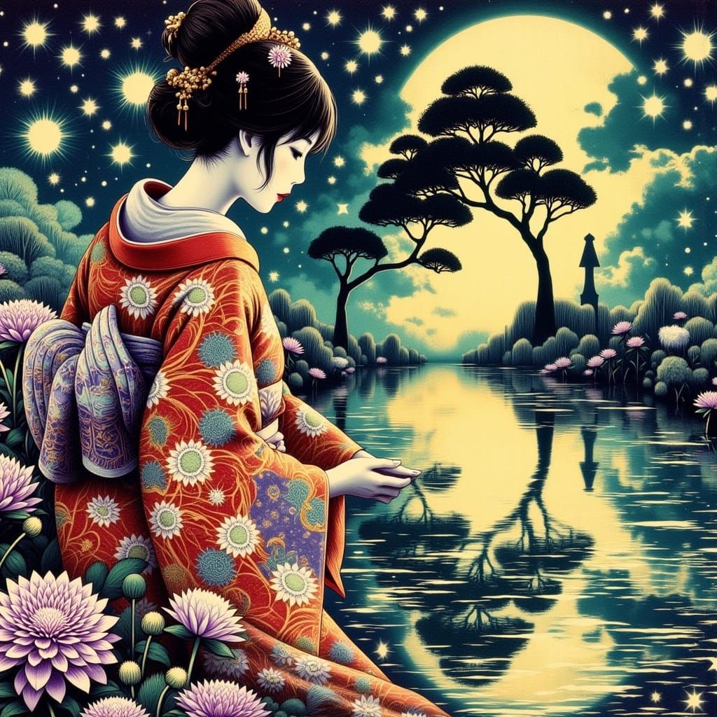 Surreal Geisha Yokai in Lavender and Turquoise Lacecraft Kim...