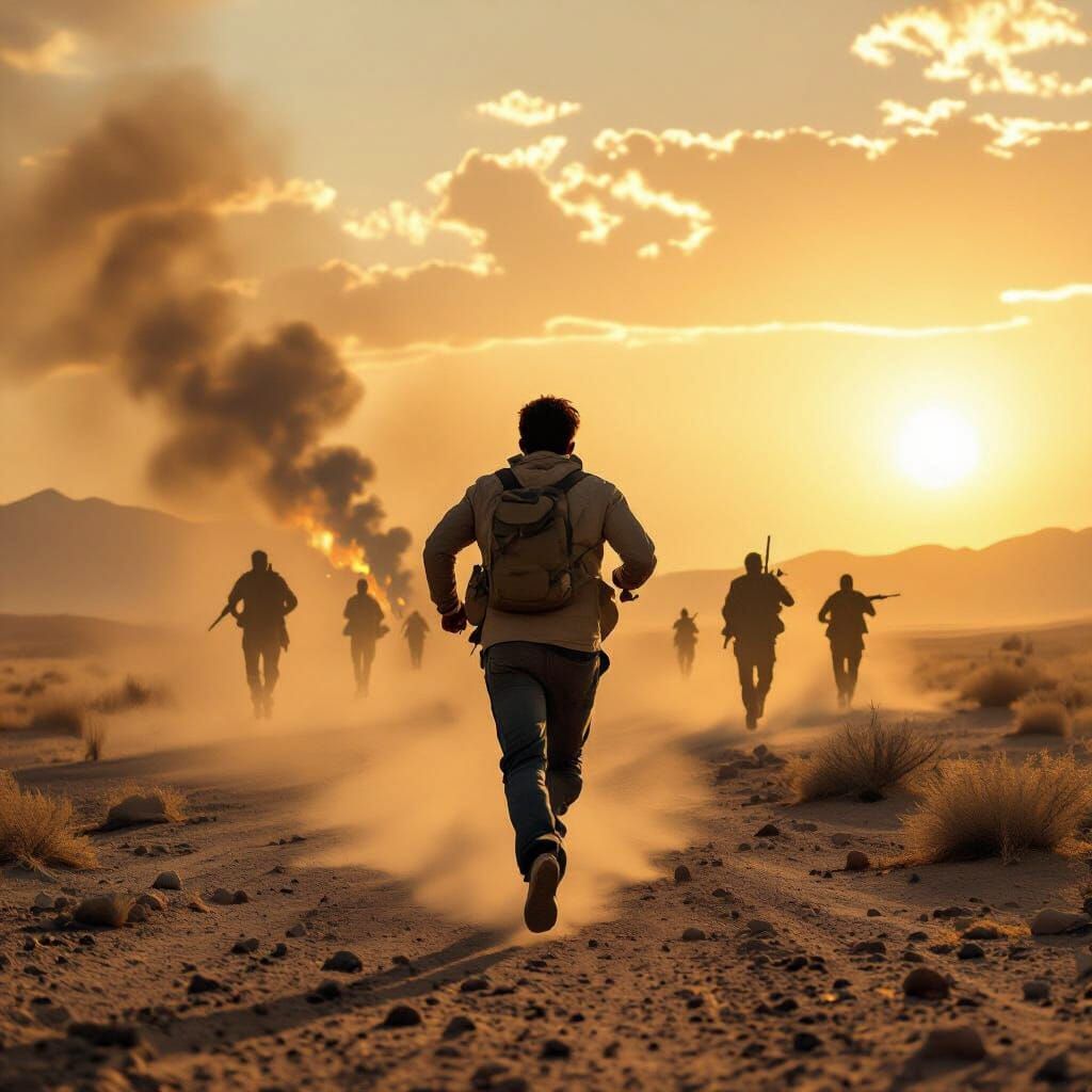 Man Flees Armed Pursuers in Desolate Arid Landscape