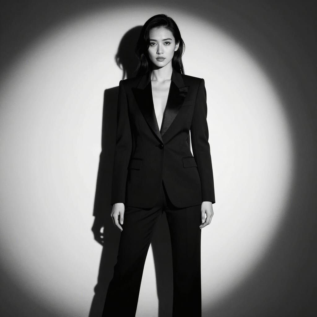 Woman in Tuxedo Under Spotlight in Black and White