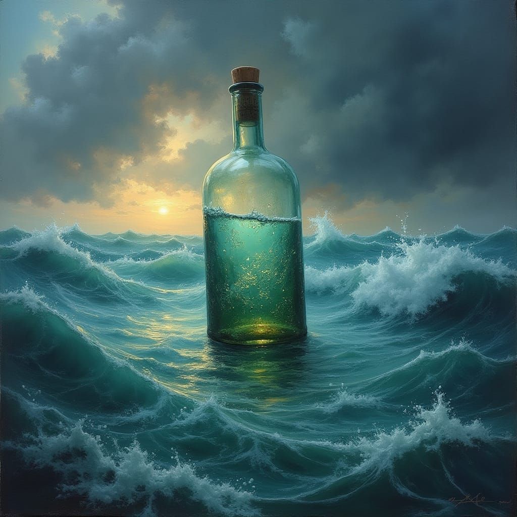 Glass Bottle in Stormy Ocean, in Artistic Realism