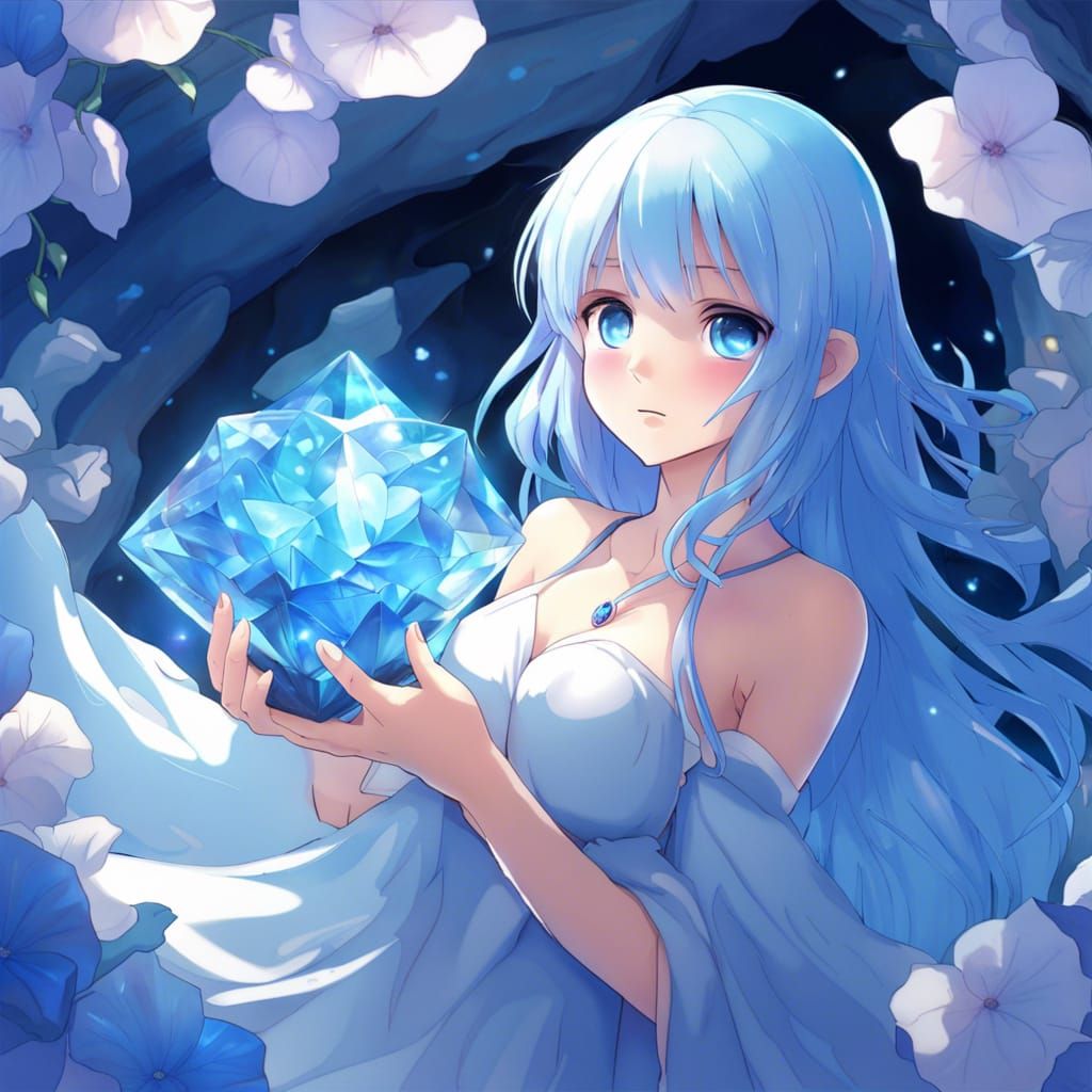 Anime Girl with Blue Topaz in Cave
