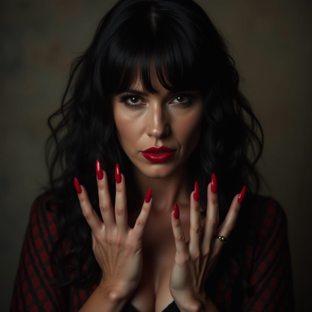 Dramatic Film Still of a Dominant Black-Haired Woman