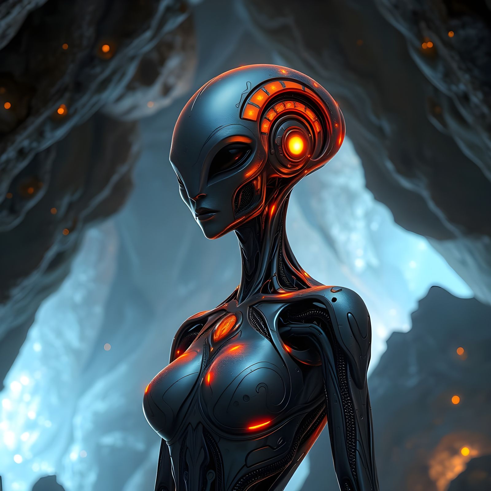 Ethereal Female Robot in a Glimmering Cave