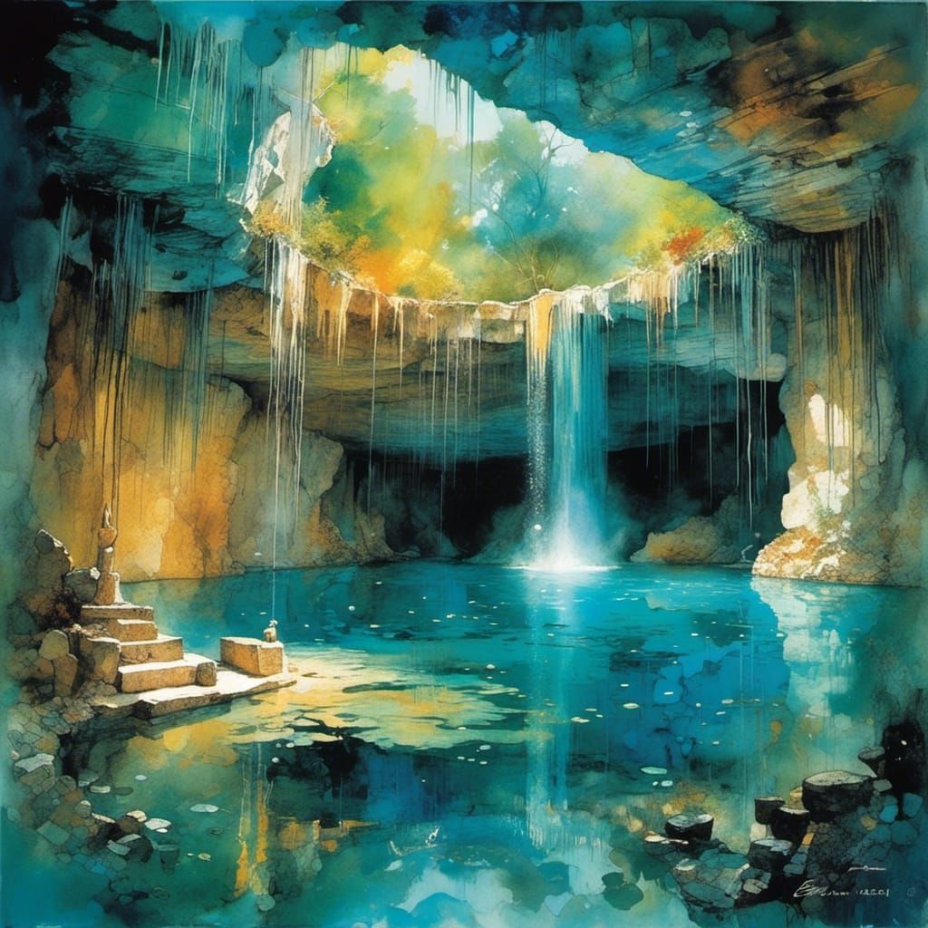 Sparkling Yucatan Cenote with Mayan Alter as Watercolor