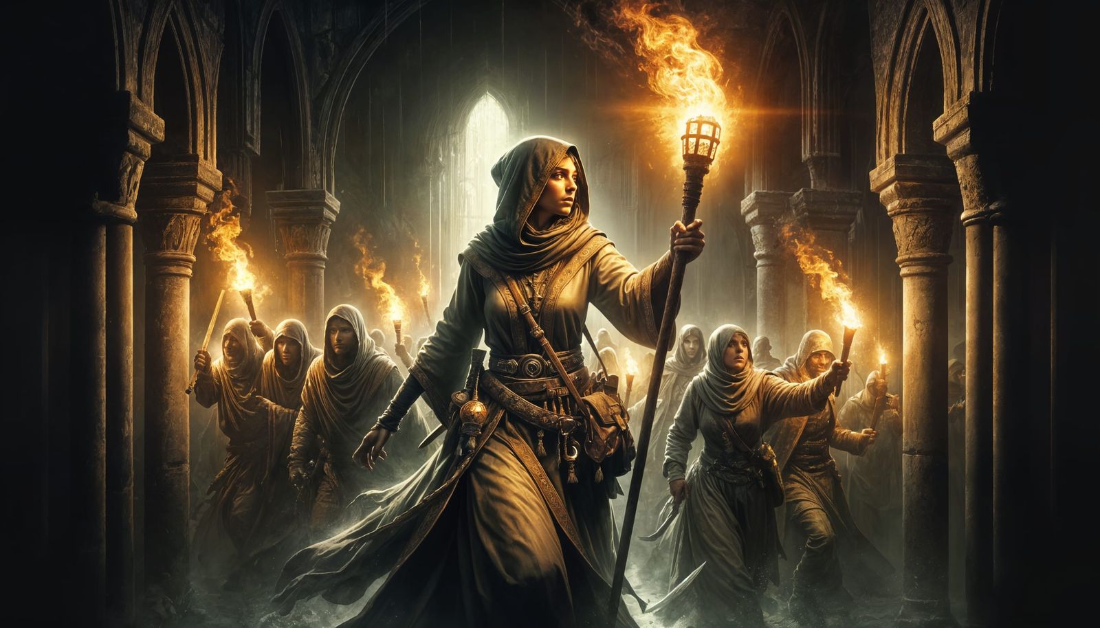 Dark Fantasy Vigilante Cleric Guiding Through Eerie Shadows