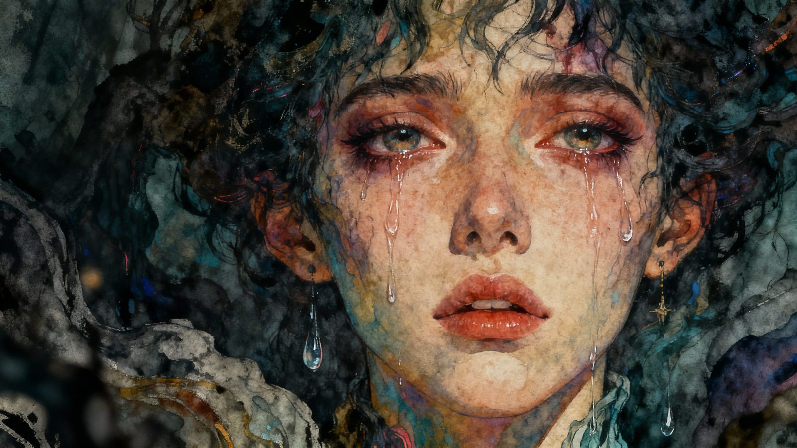 Melancholic Surreal Figure in Retro-Futuristic Ink and Water...