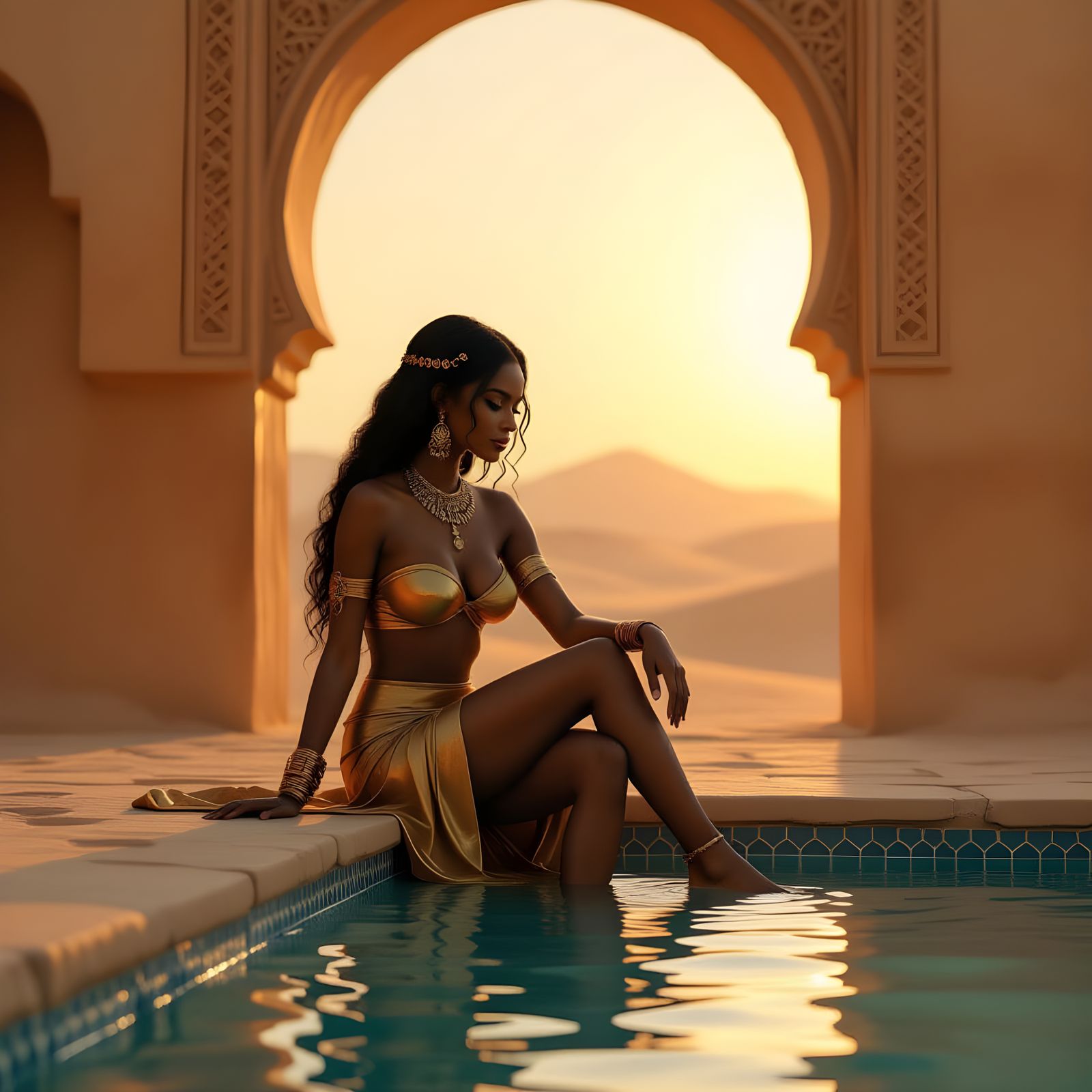 African Goddess at Desert Oasis in Golden Light