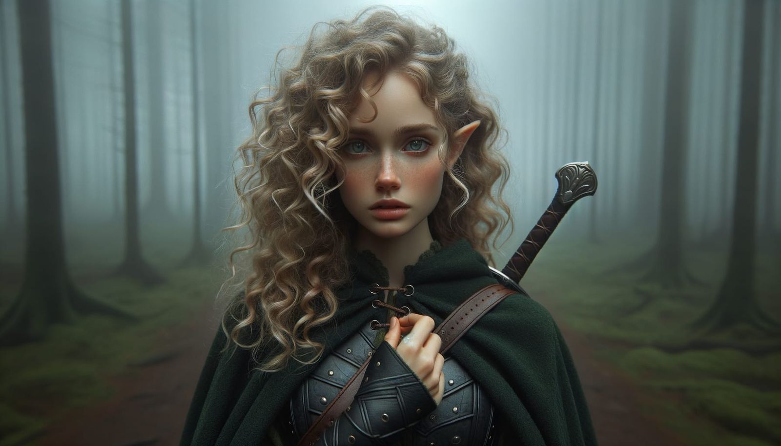 Half-Elven Ranger in Misty Forest, Hyper-Realistic