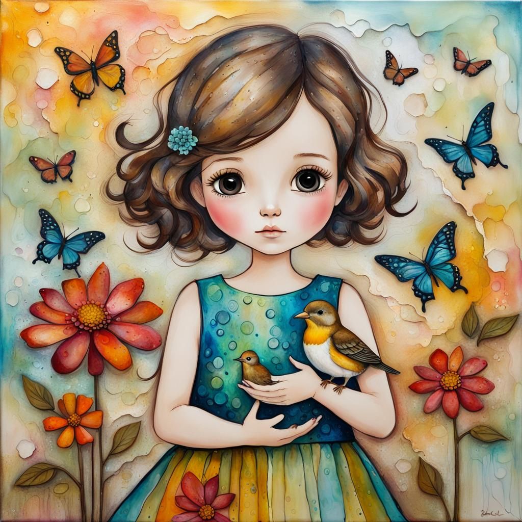 Whimsical Girl with Bird: Oil and Ink Painting