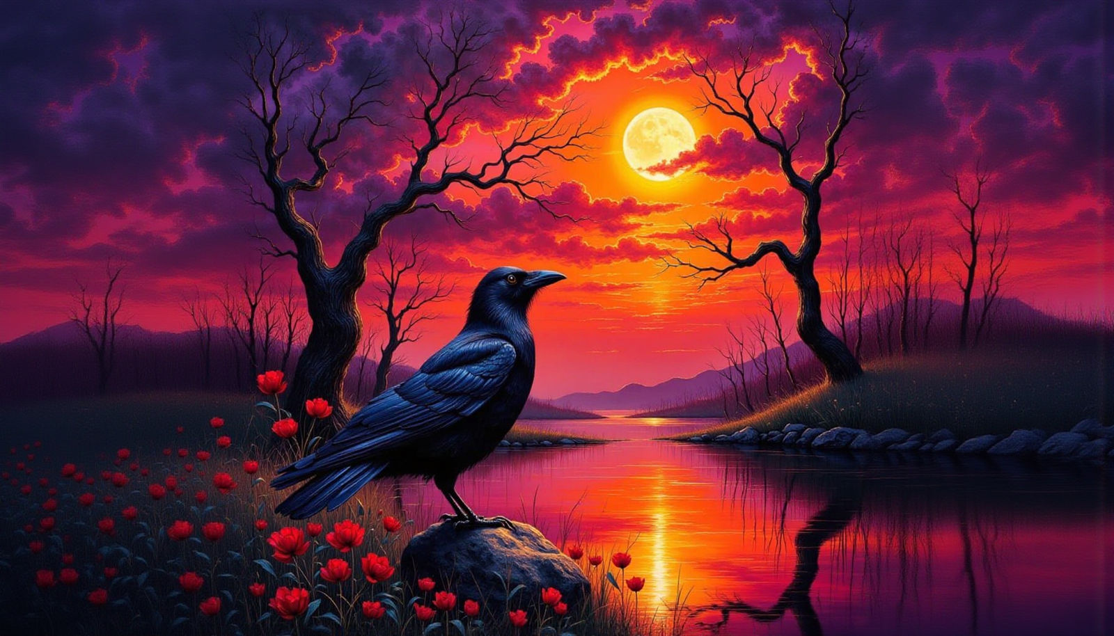 Crow in Impasto Style at Sunset