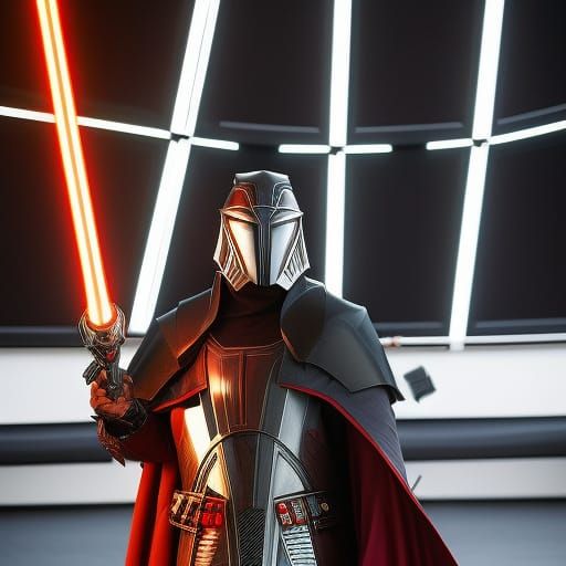 Futuristic Sith Lord with Lightsaber in Cyberpunk Style