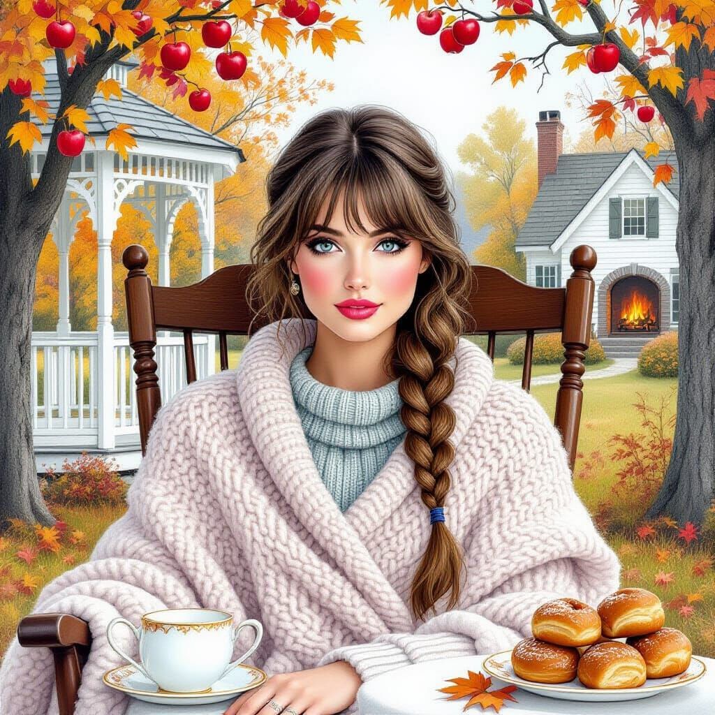 Brunette in Autumnal Scene: Delicate Pencil Drawing