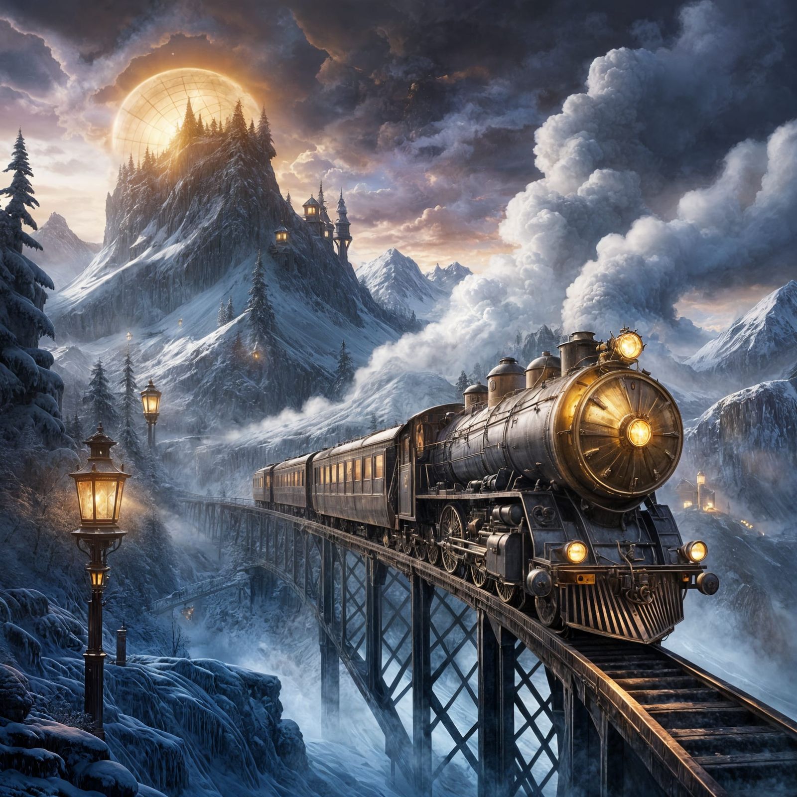 Misty Twilight Fantasy Art: Trains, Planes, and Mountains