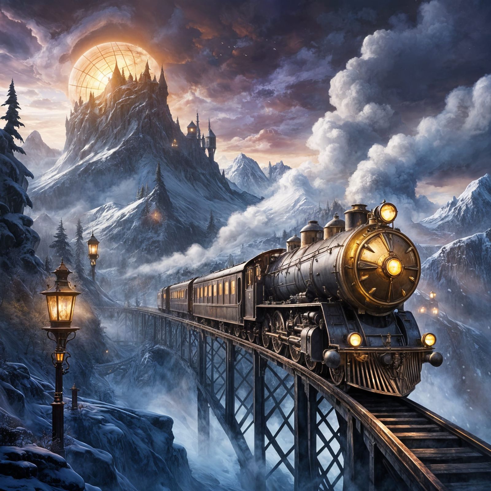 Misty Twilight Fantasy: Train, Biplanes, and Airships